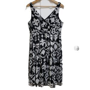 Kathy Roberts Womens Black White Silver Ikat V Neck Sleeveless Dress Size 16